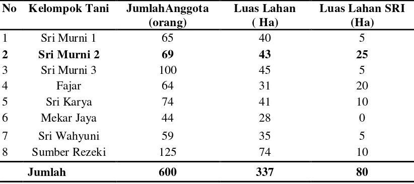 Tabel 1. Luas Tanam Padi Sawah Menggunakan Sistem SRI Menurut Kelompok Tani Desa Pematang Setrak Tahun 2012