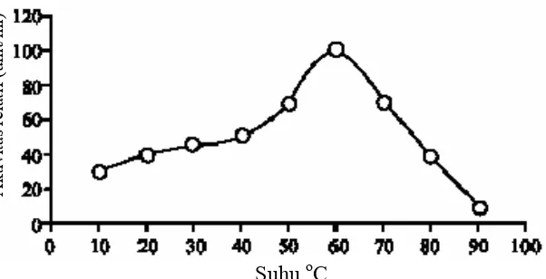 Gambar 4  Pengaruh suhu terhadap aktivitas relatif enzim invertase pada gula tebu  Rahman et al