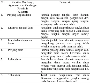 Tabel 10 Karakter morfologi, agronomi dan kandungan fitokimia yang diamati 