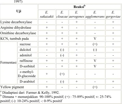 Tabel 3. Sifat biokimia dari spesies Enterobactera (Nazarowec-White dan Farber; 