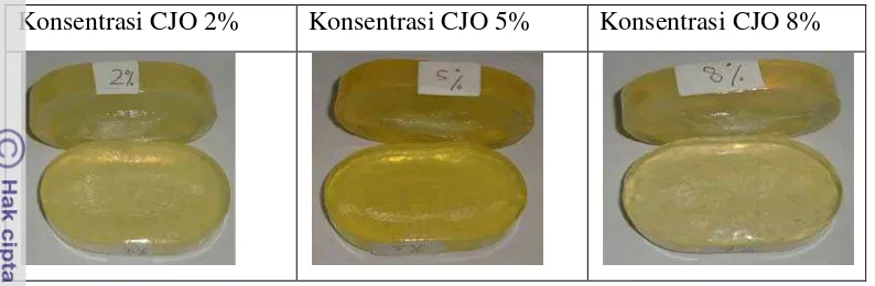 Gambar 3. Sabun transparan dengan kandungan minyak jarak 2%,5% dan 8% 
