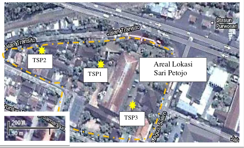 Gambar 2. (color online) Lokasi Penelitian, areal garis-putus  kuning. (GoogleMaps2013)