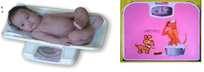 Gambar 2.2 Cara mengukur berat badan bayi (kiri) dan  