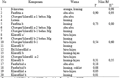 Tabel 2  Standar nilai Rf dan posisi relatif turunan klorofil dan beberapa pigmen lain pada   plat TLC selulosa 