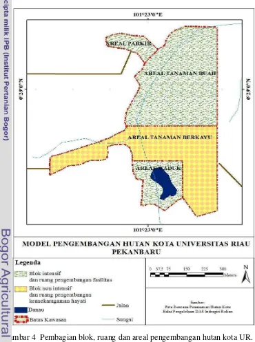 Gambar 4  Pembagian blok, ruang dan areal pengembangan hutan kota UR. 