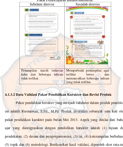 Tabel 4.3 Bentuk Revisi Bahan Ajar Berdasarkan Masukan dari  Pakar Pembelajaran Bahasa Indonesia