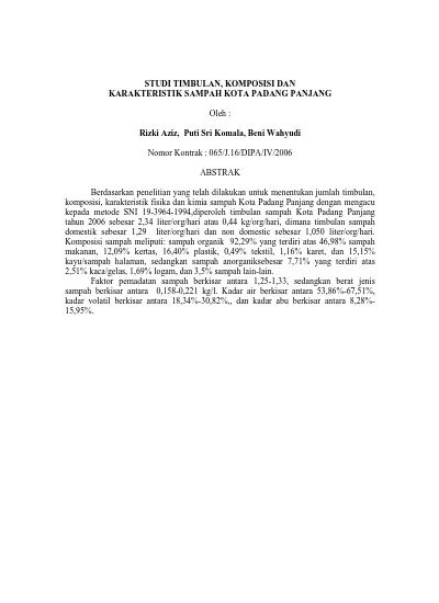 STUDI TIMBULAN, KOMPOSISI DAN KARAKTERISTIK SAMPAH KOTA PADANG PANJANG.
