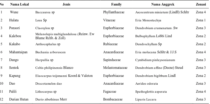Tabel 1. Jenis Pohon Inang, Jenis Anggrek dan Zonasi Tempat Tumbuh. 