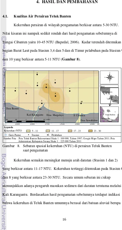 Gambar   8.   Sebaran spasial kekeruhan (NTU) di perairan Teluk Banten    