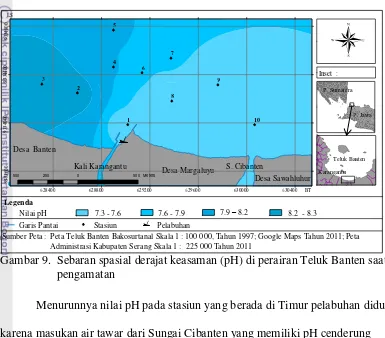 Gambar 9.  Sebaran spasial derajat keasaman (pH) di perairan Teluk Banten saat 