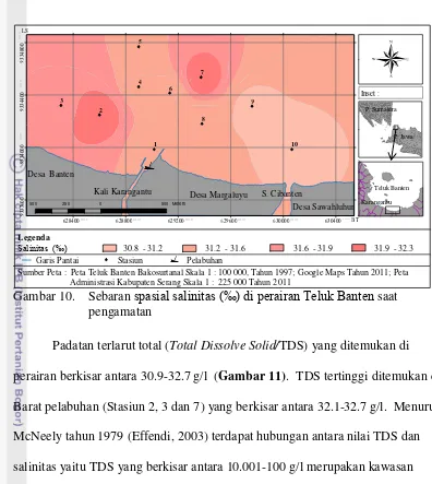 Gambar 10.    Sebaran spasial salinitas (‰) di perairan Teluk Banten saat     