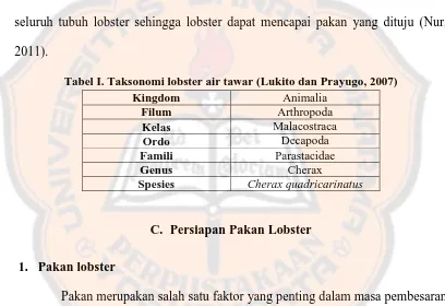 Tabel I. Taksonomi lobster air tawar (Lukito dan Prayugo, 2007) Kingdom Animalia 