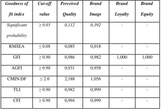 Tabel 4.8 Hasil Goodness of Fit Indeks Uji Validitas Per Variabel 
