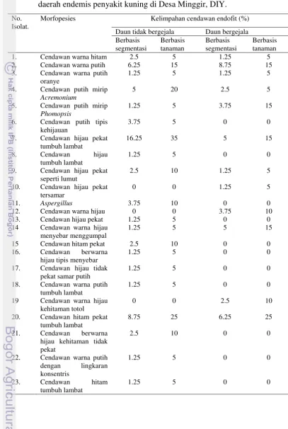 Tabel 2. Kelimpahan spesies cendawan endofit berbasis segmentasi dan tanaman hasil isolasi dari daun tidak bergejala dan bergejala yang berasal dari daerah endemis penyakit kuning di Desa Minggir, DIY