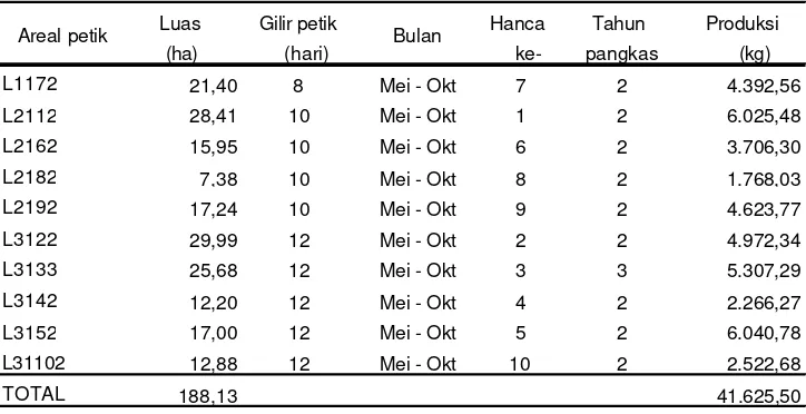 Tabel 12  Areal petik pada afdeling GM I yang menghasilkan produksi maksimum pada musim kemarau 