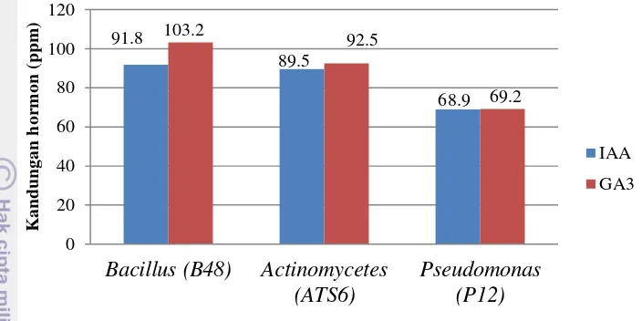 Gambar 6 Hasil analisis kandungan IAA dan GA3 pada bakteri probiotik 