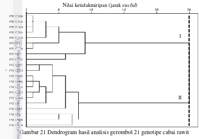 Gambar 21 Dendrogram hasil analisis gerombol 21 genotipe cabai rawit 