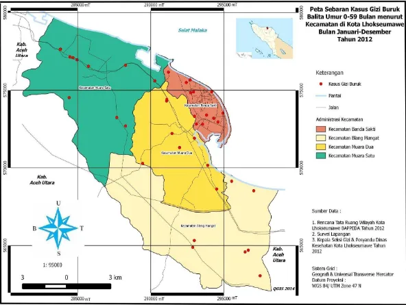 Gambar 4.2 Peta Sebaran Kasus Gizi Buruk Balita Umur 0-59 Bulan menurut Kecamatan di Kota Lhokseumawe Bulan Januari- Desember Tahun 2012  
