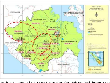 Gambar 4  Peta Lokasi Sampel Penelitian dan Sebaran Perkebunan Karet Rakyat di Sumatera Selatan Tahun 2010 