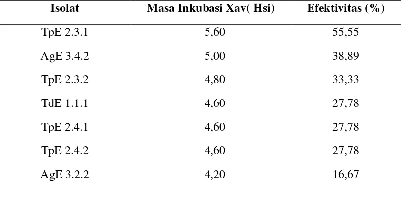 Tabel 3. Masa inkubasi Xav yang diintroduksi dengan beberapa isolat bakteri endofit indigenus