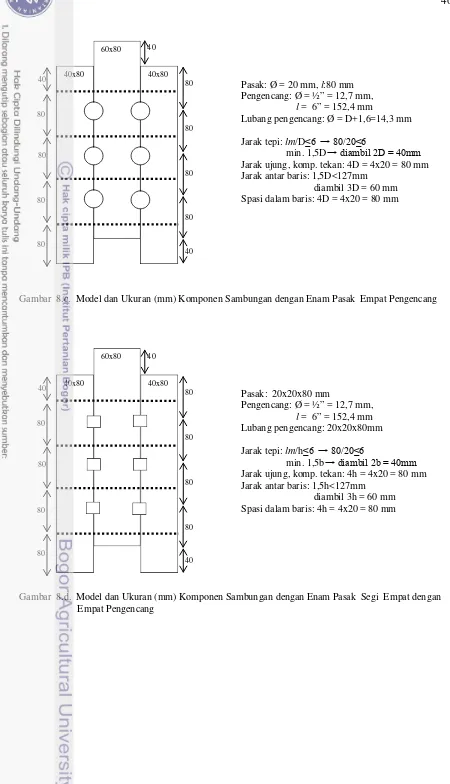 Gambar  8.c.  Model dan Ukuran (mm) Komponen Sambungan dengan Enam Pasak  Empat Pengencang 