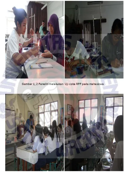 Gambar 1, 2 Peneliti melakukan  Uji coba RPP pada mahasiswa 