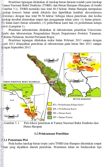 Gambar 3. 1   Peta lokasi penelitian di Taman Nasional Bukit Duabelas dan 