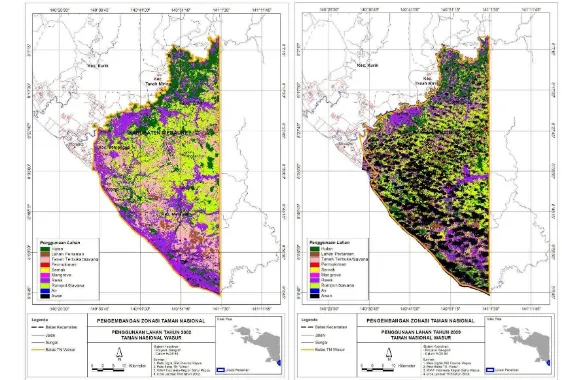 Gambar 15. Peta perubahan penggunaan lahan tahun 2002 dan 2009 di kawasan Taman Nasional Wasur 