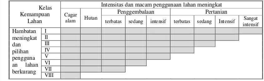 Gambar 2.1   Skema hubungan antara Kelas Kemampuan Lahan dengan intensitas dan macam penggunaan lahan