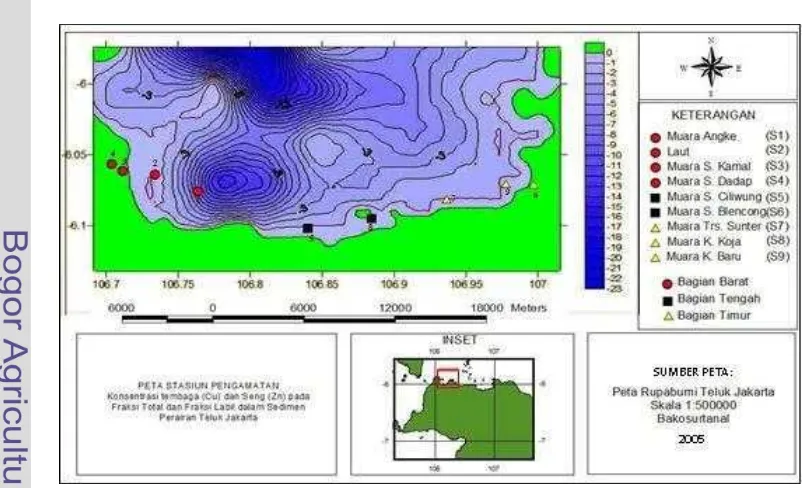 Gambar 1.  Peta lokasi penelitian dan titik pengambilan contoh sedimen di wilayah  pesisir Teluk Jakarta 