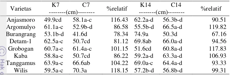 Tabel 10. Pengaruh cekaman kekeringan terhadap panjang akar pada 8 varietas kedelai nasional 