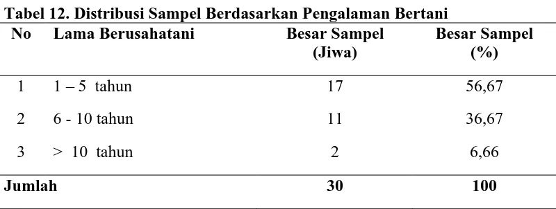 Tabel 12. Distribusi Sampel Berdasarkan Pengalaman Bertani No Lama Berusahatani Besar Sampel Besar Sampel 