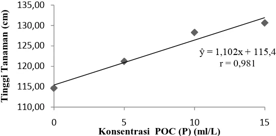 Gambar 1. Grafik hubungan antara tinggi tanaman tembakau 46 HSPT dengan pemberiankonsentrasi pupuk organik cair (POC)