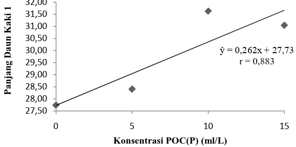 Gambar 5. Grafik hubungan antara panjang daun kaki Itembakau dengan Konsentrasi POC(P) (ml/L)
