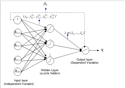 Figure 2.  Architecture of neural network model with single hidden layer  for bivariate case with input lag 1