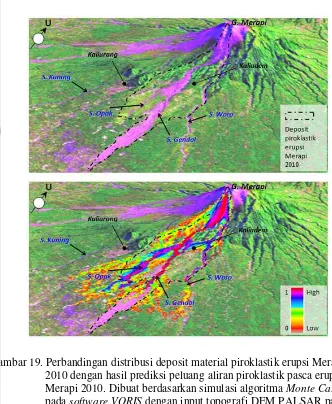 Gambar 19. Perbandingan distribusi deposit material piroklastik erupsi Merapi 2010 dengan hasil prediksi peluang aliran piroklastik pasca erupsi Merapi 2010