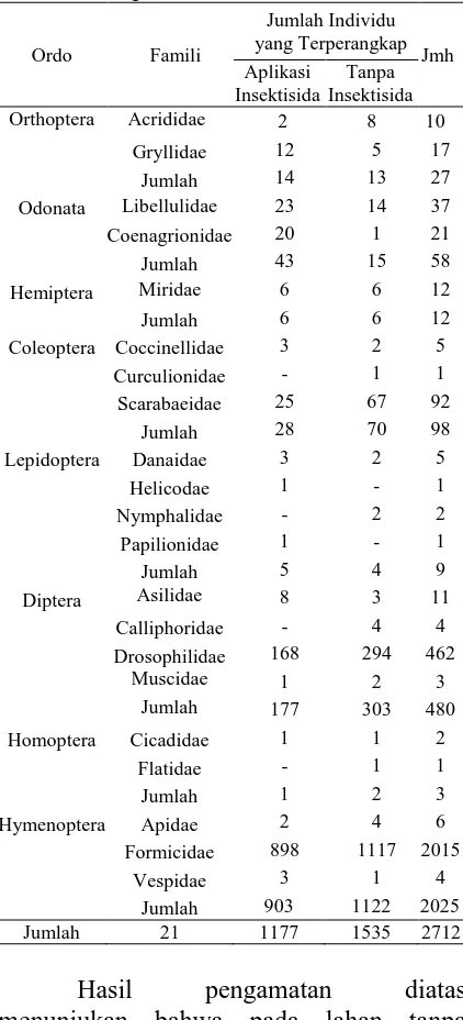 Tabel 2. Jumlah Ordo, Famili dan Individu Serangga pada Perkebunan Kakao yang Diaplikasi Insektisida dan Tanpa Insektisida