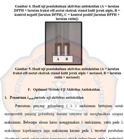 Gambar 4. Hasil uji pendahuluan aktivitas antioksidan (A = larutan DPPH + larutan fraksi etil asetat ekstrak etanol kulit jeruk nipis, B = 