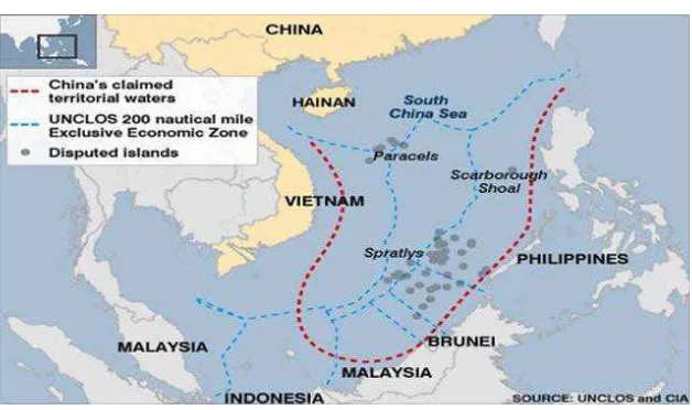 Gambar II  : Wilayah Laut China Selatan yang diklaim oleh RRT (Sumber : http://uniqpost.com/60823/cina-tetapkan-kepulauan-laut-cina-selatan-di-peta-barunya/)  