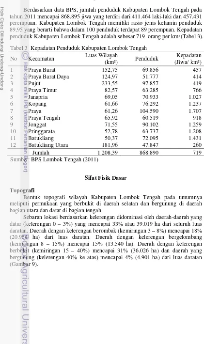 Tabel 3  Kepadatan Penduduk Kabupaten Lombok Tengah 