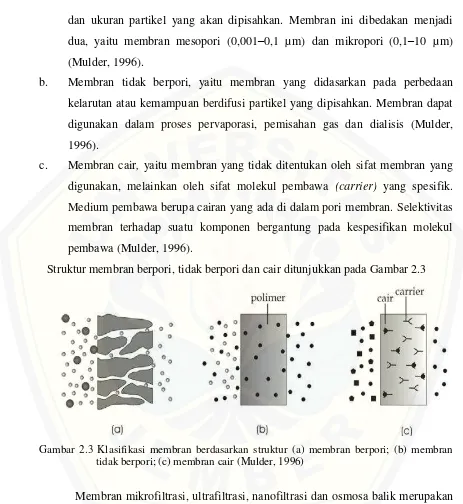 Gambar 2.3 Klasifikasi membran berdasarkan struktur (a) membran berpori; (b) membran 