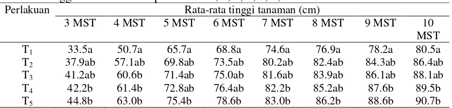 Tabel 2. Tinggi tanaman tomat pada umur 3, 4, 5, 6, 7, 8, 9 dan 10 MST 