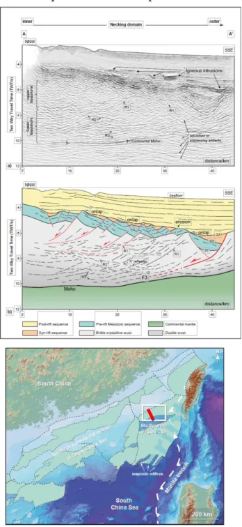 Figure  7:  Uninterpreted  seismic  section A-A’ (a)  and its interpretation  (b)  showing  detailed  deformation  of  the  necking  domain  (section  location  see bold red line in index map)