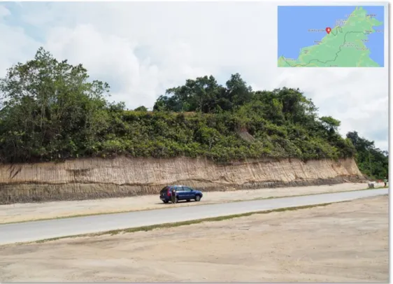 Figure 8a: View of the Mid-Miocene Unconformity (MMU) with a mid-size SUV for scale,  located in Bukit Lambir (red mark in the inset map of northern Borneo), a large pop-up  between two branches belonging to the West Baram Line system