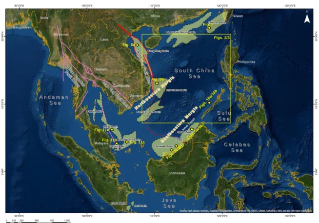 Figure  1:  Area  index  map –  satellite  imagery  of  SE  Asia.  Key  SCS  Sub-basins  that  originated during  the Paleogene are shown  in black dashed line  with light green fill  (from Kessler et al., 2021b)