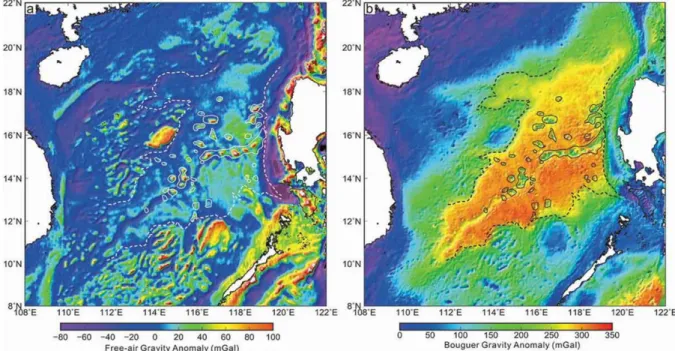 Figure 2: (a) Free-air gravity anomaly map of the SCS basin (Sandwell et al., 2014)  and (b) complete Bouguer gravity anomaly computed from (a) with the distribution of  the post-spreading seamounts