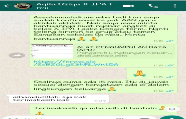 Gambar 3. Peneliti membagikan angket kepada Peserta didik Kelas X IPA MAN 1  Lampung Tengah dengan mengirimkan link google form 