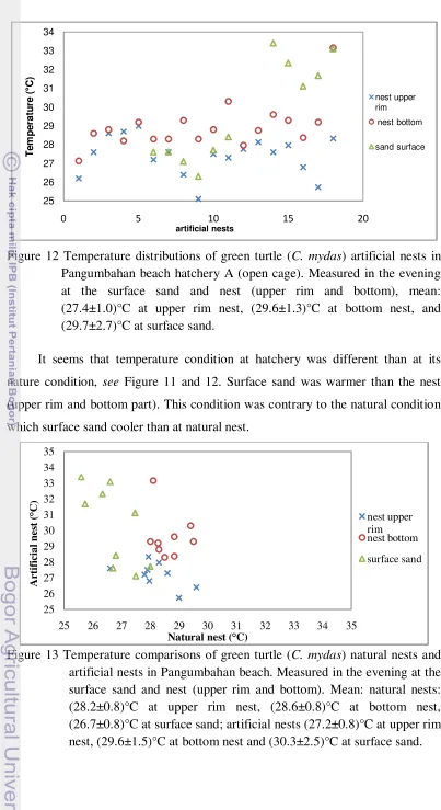 Figure 12 Temperature distributions of green turtle (C. mydas) artificial nests in 