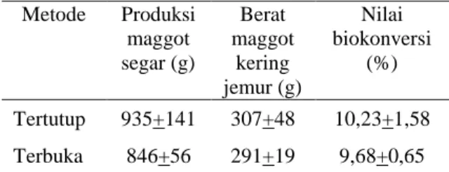 Tabel  1.  Produksi  maggot  segar,  berat  maggot  kering  jemur,  dan  nilai  biokonversi  berdasarkan perlakuan metode produksi 