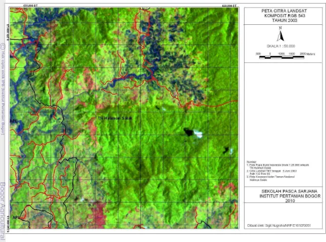 Gambar 6 Peta citra komposit RGB 543 Gunung Surandil dan Gunung Pangkulahan sekitarnya tahun 2003 